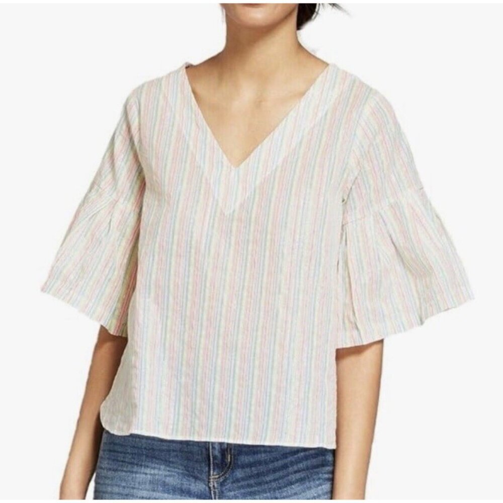 NWT A New Day Neon/Metallic Striped Bell Sleeve Top Womens Size S Multi Stripe